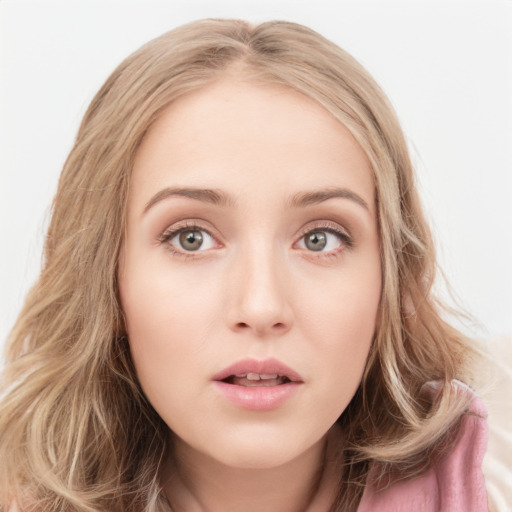 Neutral white young-adult female with long  brown hair and blue eyes