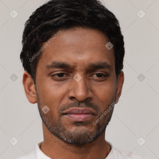 Neutral latino young-adult male with short  black hair and brown eyes