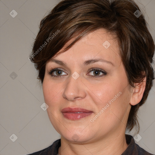 Joyful white adult female with medium  brown hair and brown eyes