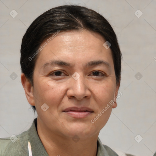 Joyful white adult female with short  brown hair and brown eyes