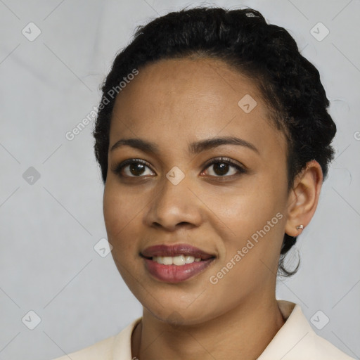 Joyful latino young-adult female with short  black hair and brown eyes