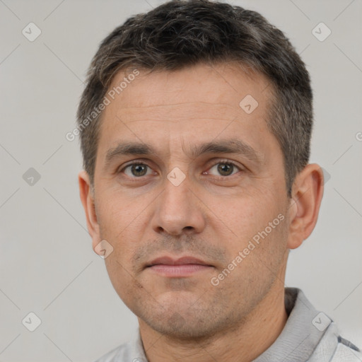 Neutral white adult male with short  brown hair and brown eyes