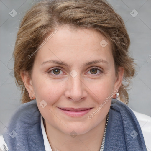 Joyful white young-adult female with medium  brown hair and blue eyes