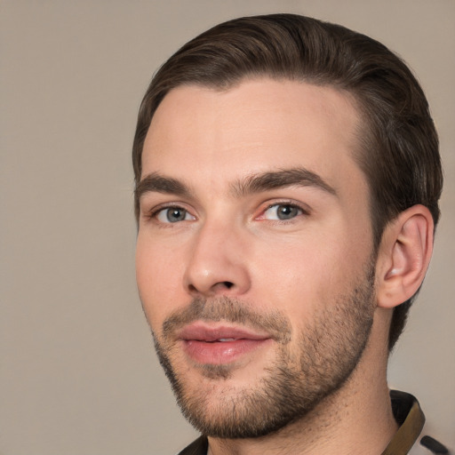 Neutral white young-adult male with short  brown hair and brown eyes