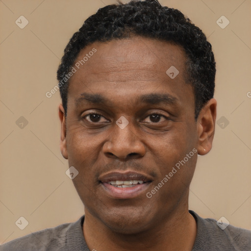 Joyful black adult male with short  black hair and brown eyes