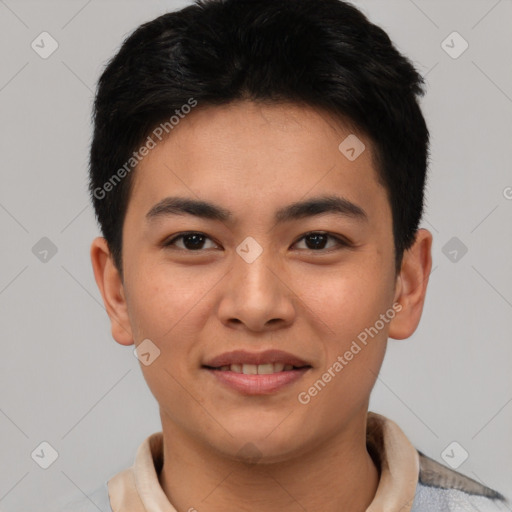 Joyful asian young-adult male with short  brown hair and brown eyes