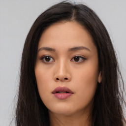 Neutral asian young-adult female with long  brown hair and brown eyes