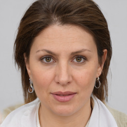 Joyful white adult female with medium  brown hair and grey eyes