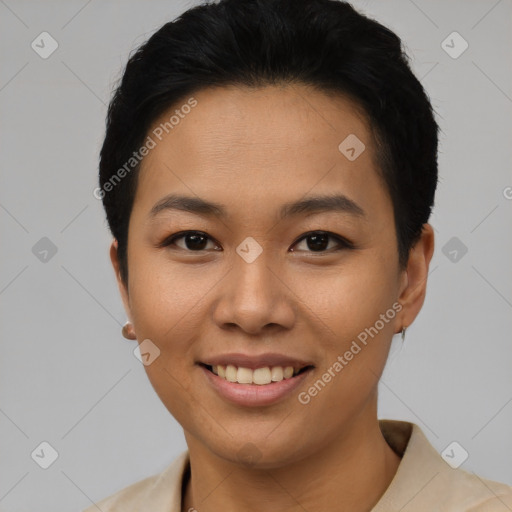 Joyful asian young-adult female with short  black hair and brown eyes