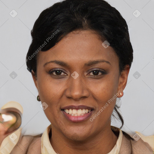 Joyful latino young-adult female with short  black hair and brown eyes