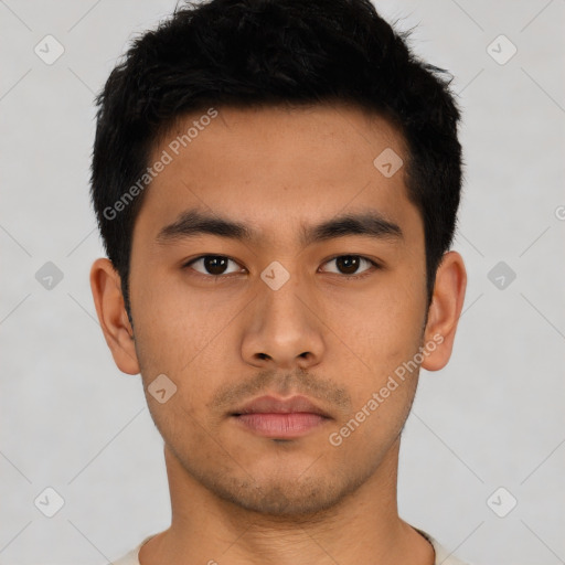 Neutral asian young-adult male with short  black hair and brown eyes