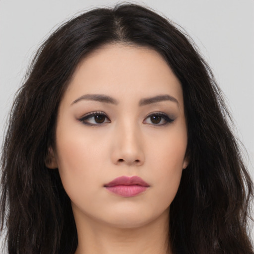 Neutral asian young-adult female with long  black hair and brown eyes