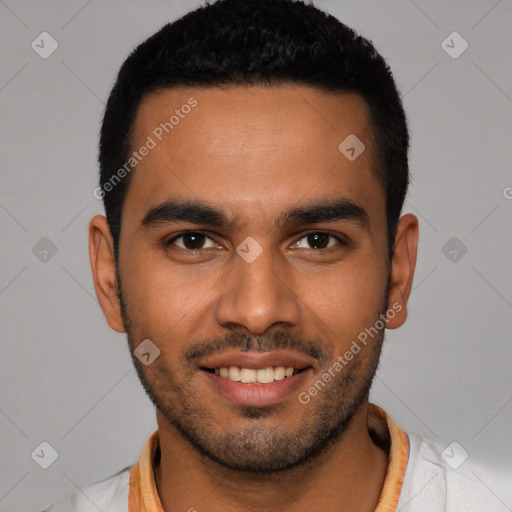 Joyful latino young-adult male with short  black hair and brown eyes