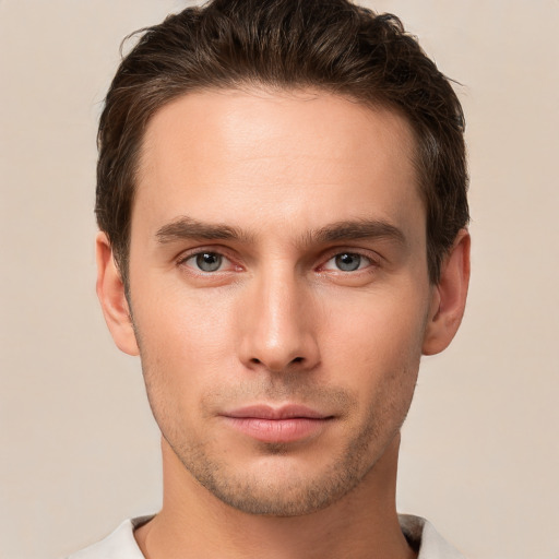 Neutral white young-adult male with short  brown hair and brown eyes