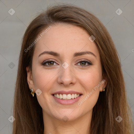 Joyful white young-adult female with long  brown hair and brown eyes