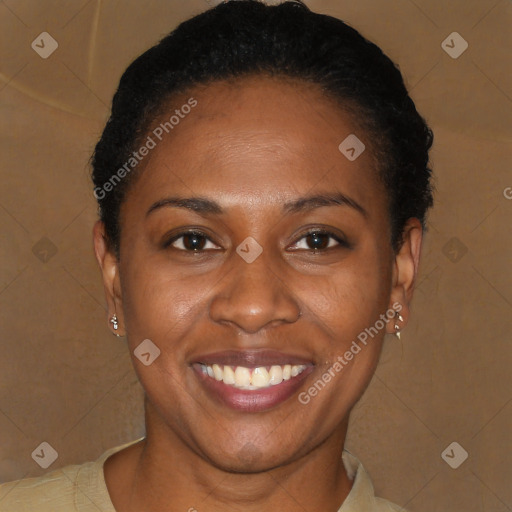 Joyful black young-adult female with short  brown hair and brown eyes