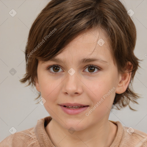 Joyful white child female with medium  brown hair and brown eyes