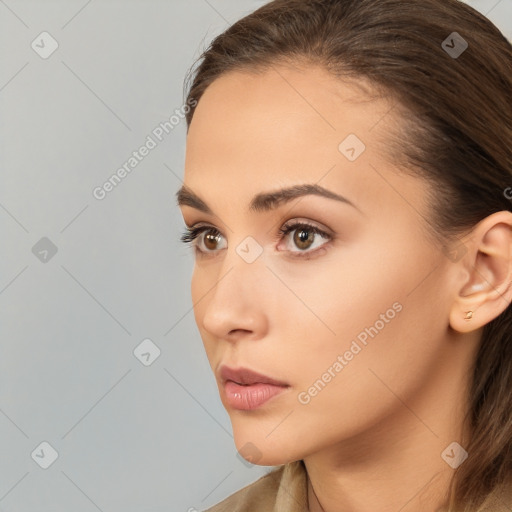 Neutral white young-adult female with long  brown hair and brown eyes