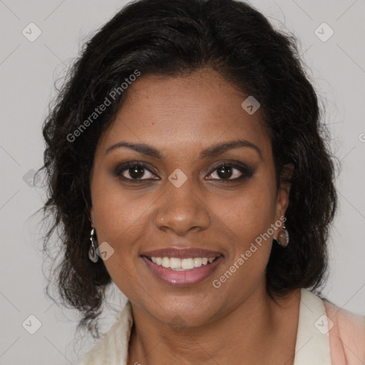 Joyful black young-adult female with medium  brown hair and brown eyes