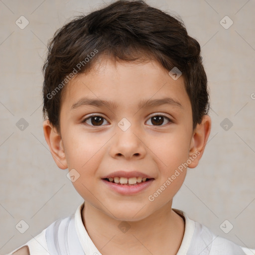 Joyful white child male with short  brown hair and brown eyes