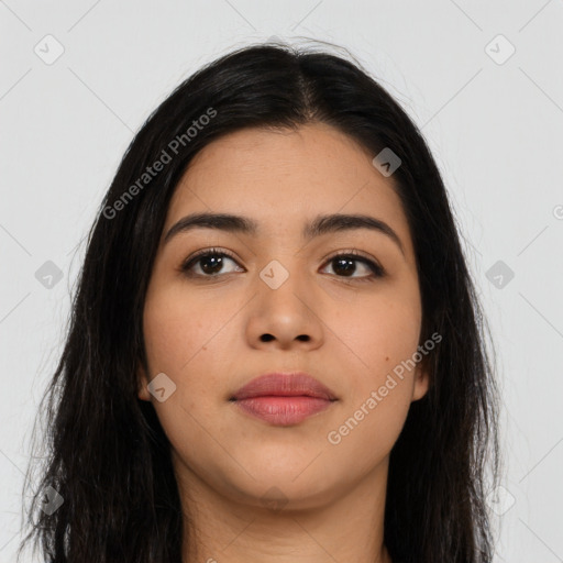 Neutral asian young-adult female with long  black hair and brown eyes