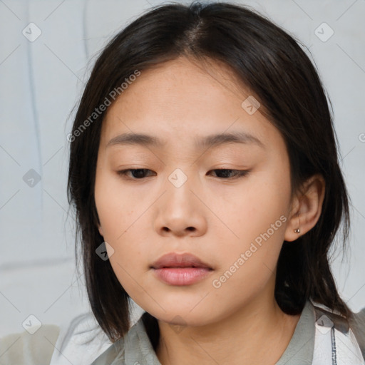 Neutral asian young-adult female with medium  brown hair and brown eyes