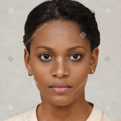 Neutral black young-adult female with short  brown hair and brown eyes