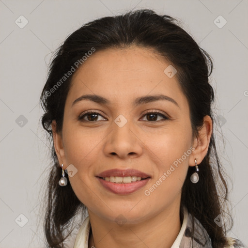 Joyful latino young-adult female with medium  brown hair and brown eyes