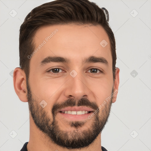 Joyful white young-adult male with short  brown hair and brown eyes