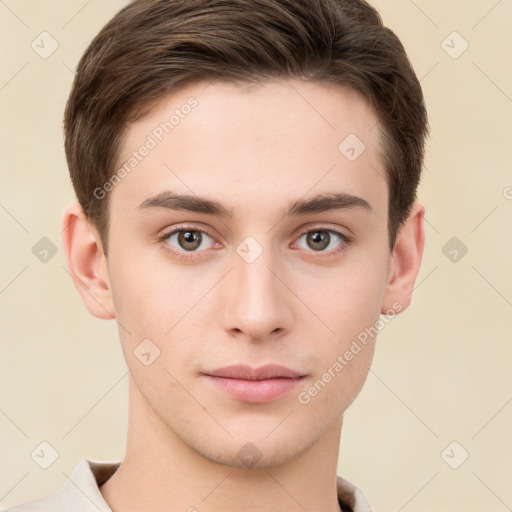 Neutral white young-adult male with short  brown hair and grey eyes