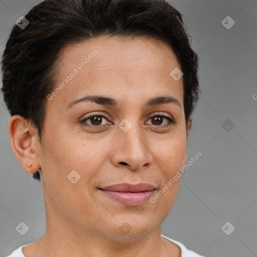 Joyful white adult female with short  brown hair and brown eyes