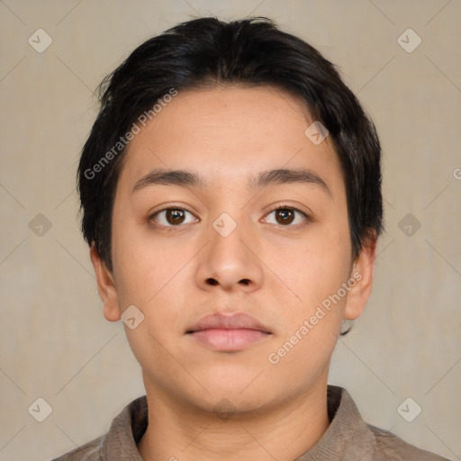 Neutral asian young-adult male with short  brown hair and brown eyes