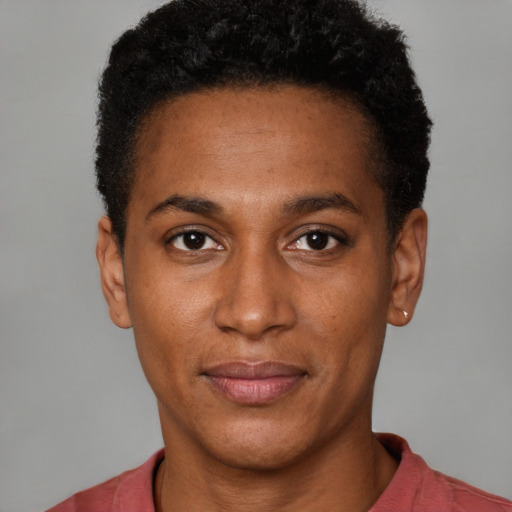 Neutral black young-adult male with short  brown hair and brown eyes