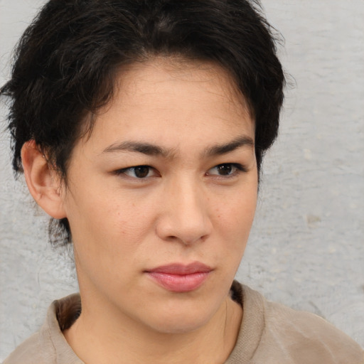 Neutral white young-adult female with medium  brown hair and brown eyes