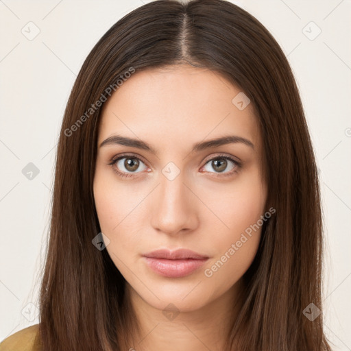 Neutral white young-adult female with long  brown hair and brown eyes