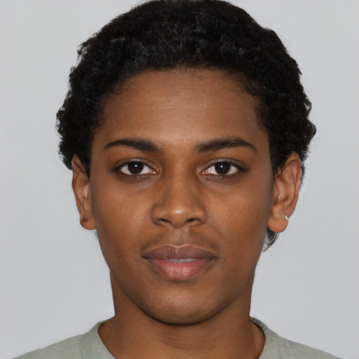 Neutral black young-adult female with short  black hair and brown eyes