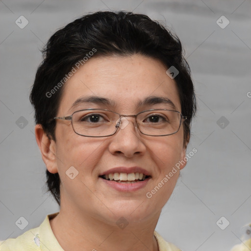 Joyful white adult female with short  brown hair and brown eyes