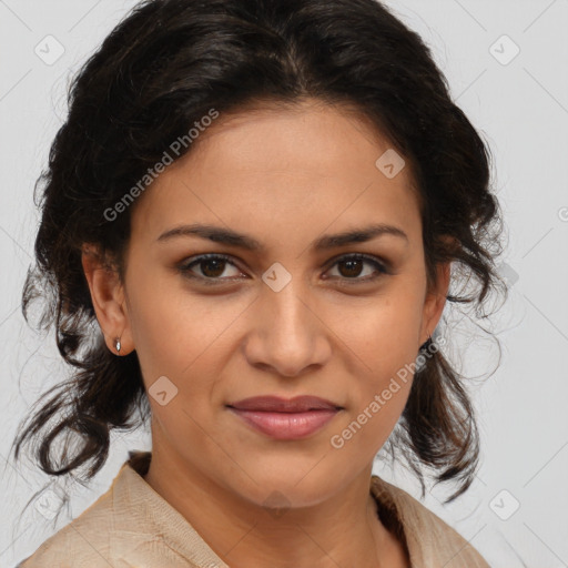 Joyful latino young-adult female with medium  brown hair and brown eyes