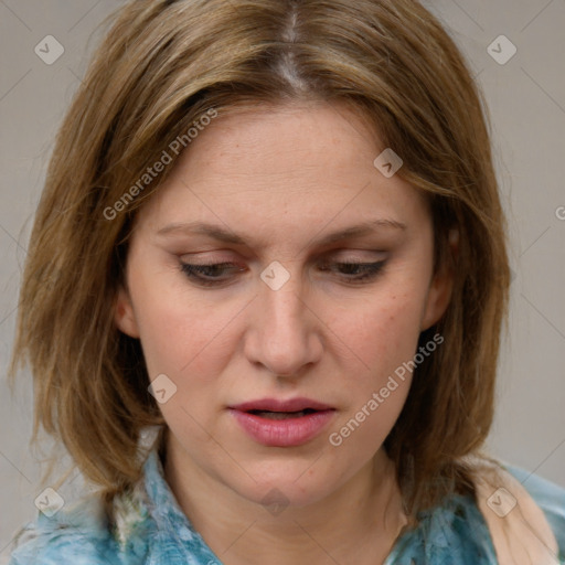 Joyful white young-adult female with medium  brown hair and blue eyes