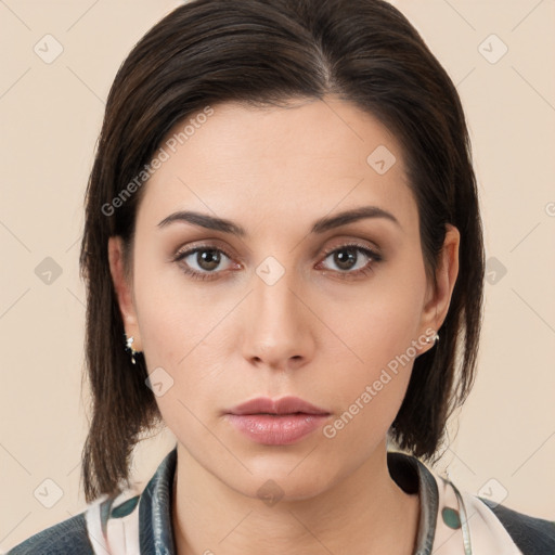 Neutral white young-adult female with medium  brown hair and brown eyes