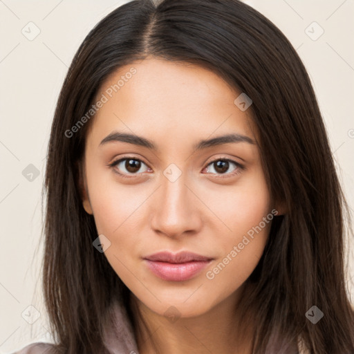 Neutral white young-adult female with long  brown hair and brown eyes