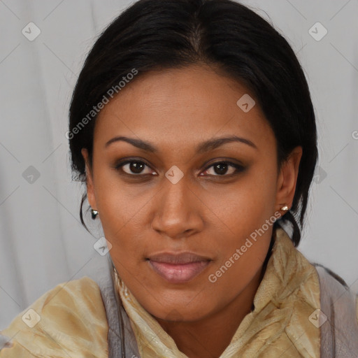 Neutral latino young-adult female with long  brown hair and brown eyes
