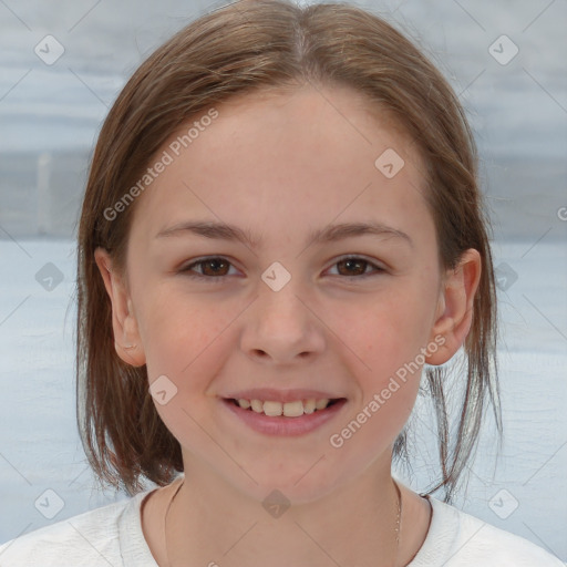 Joyful white child female with medium  brown hair and brown eyes