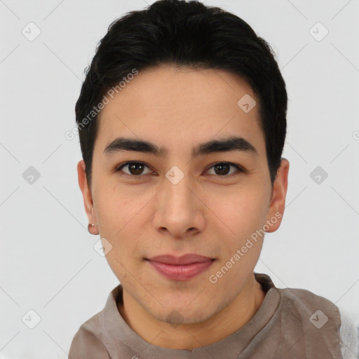 Joyful asian young-adult male with short  black hair and brown eyes