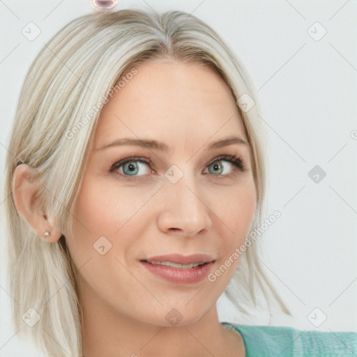 Joyful white young-adult female with medium  blond hair and blue eyes