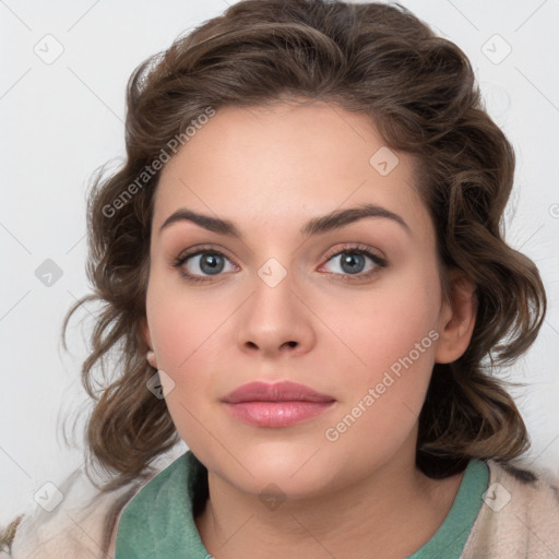 Neutral white young-adult female with medium  brown hair and green eyes