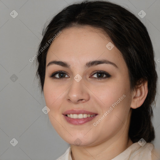 Joyful white young-adult female with medium  brown hair and brown eyes