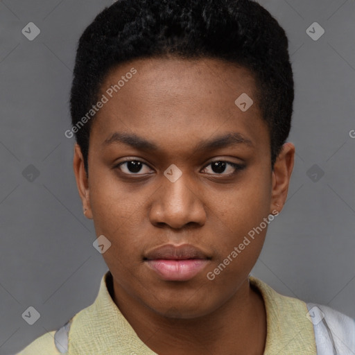 Neutral black young-adult female with short  black hair and brown eyes
