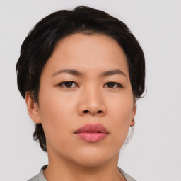 Neutral asian young-adult female with short  brown hair and brown eyes