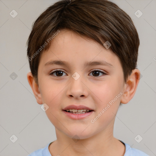 Joyful white child female with short  brown hair and brown eyes